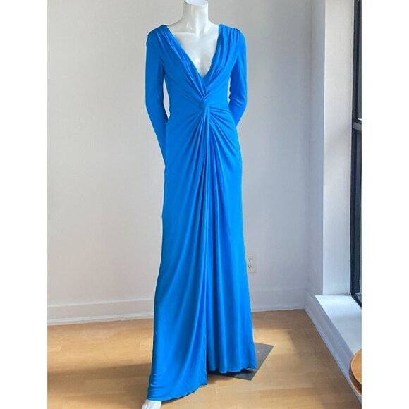 Badgley Mischka Bright Blue Plunging Neckline Ruched  Detail Sexy Maxi Dress 0 - Picture 3 of 9